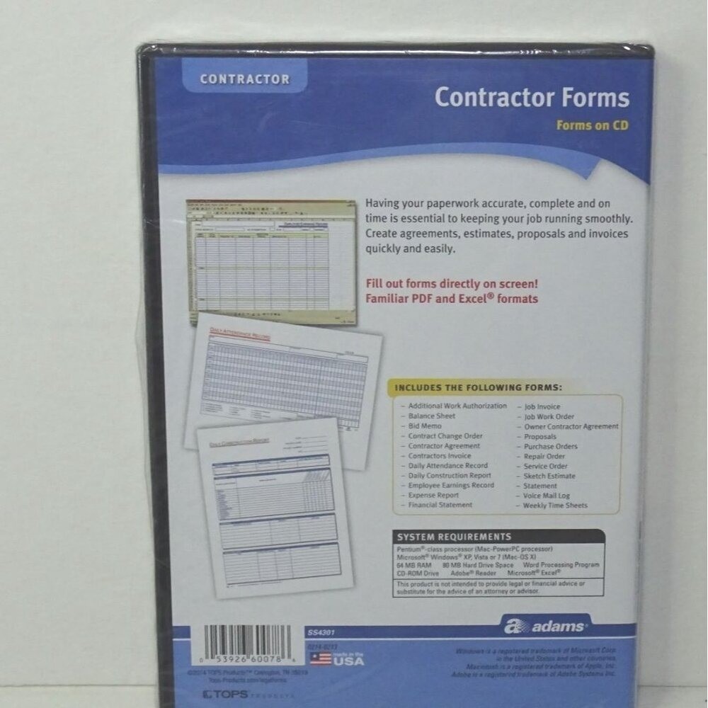 Contractor Forms CD Software Adams Blue White Sealed Case New - Picture 2 of 5